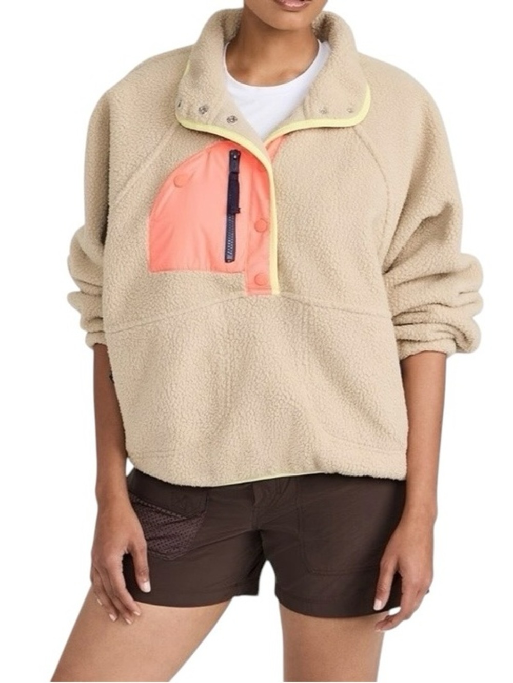 Free People FP Movement Hit The Slopes Fleece Pullover XL Tan Orange Colorblock